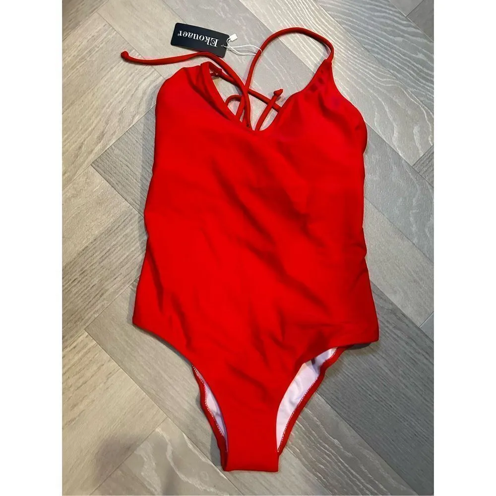 NEW Ekouaer 1 Pc Set Halter High Neck Swimsuit Medium Red - Image 6