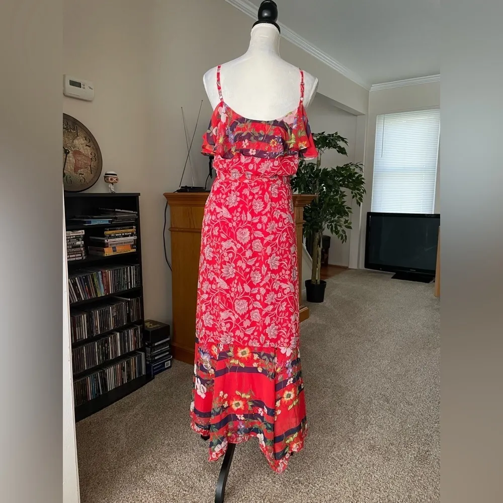 Anthropologi Boho Chic Floral Print Maxi Dress Red Black Spaghetti Strap XS - Image 6
