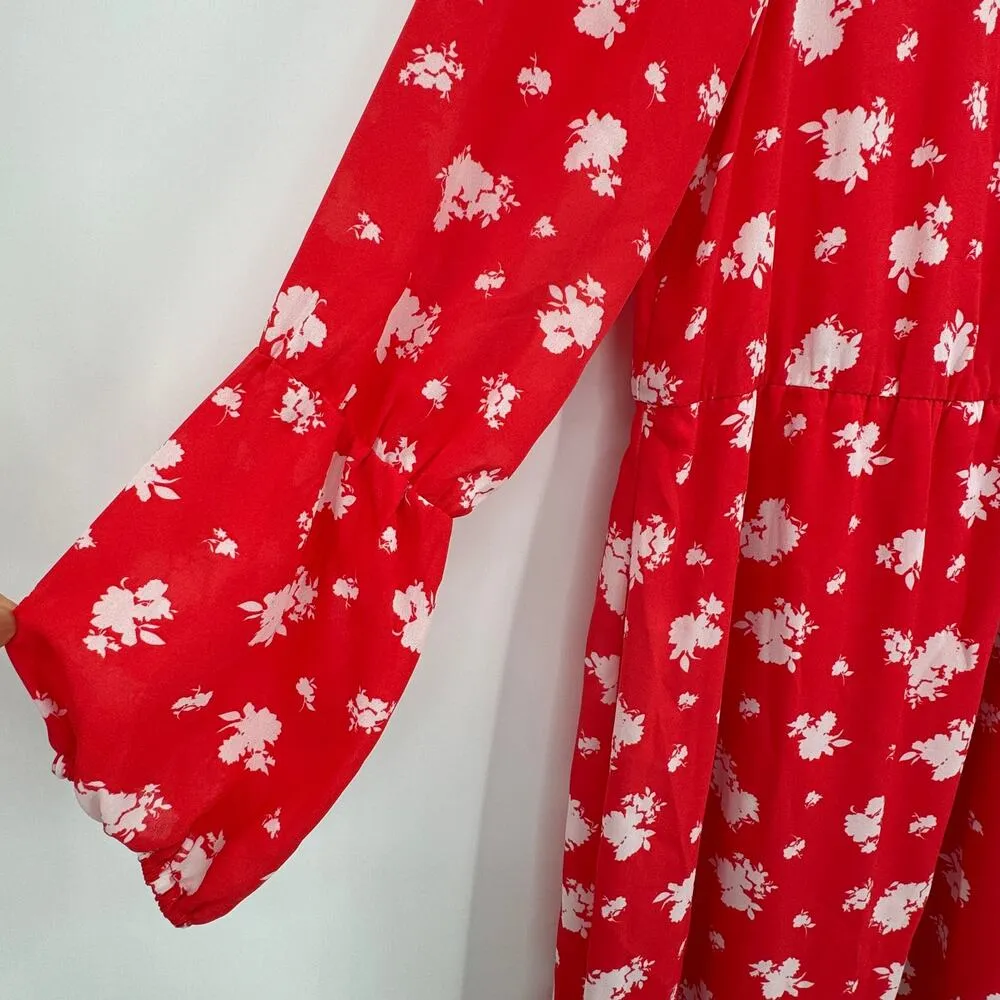 Bobeau dress XL floral long bishop sleeves chiffon lined knee length shift red - Image 6