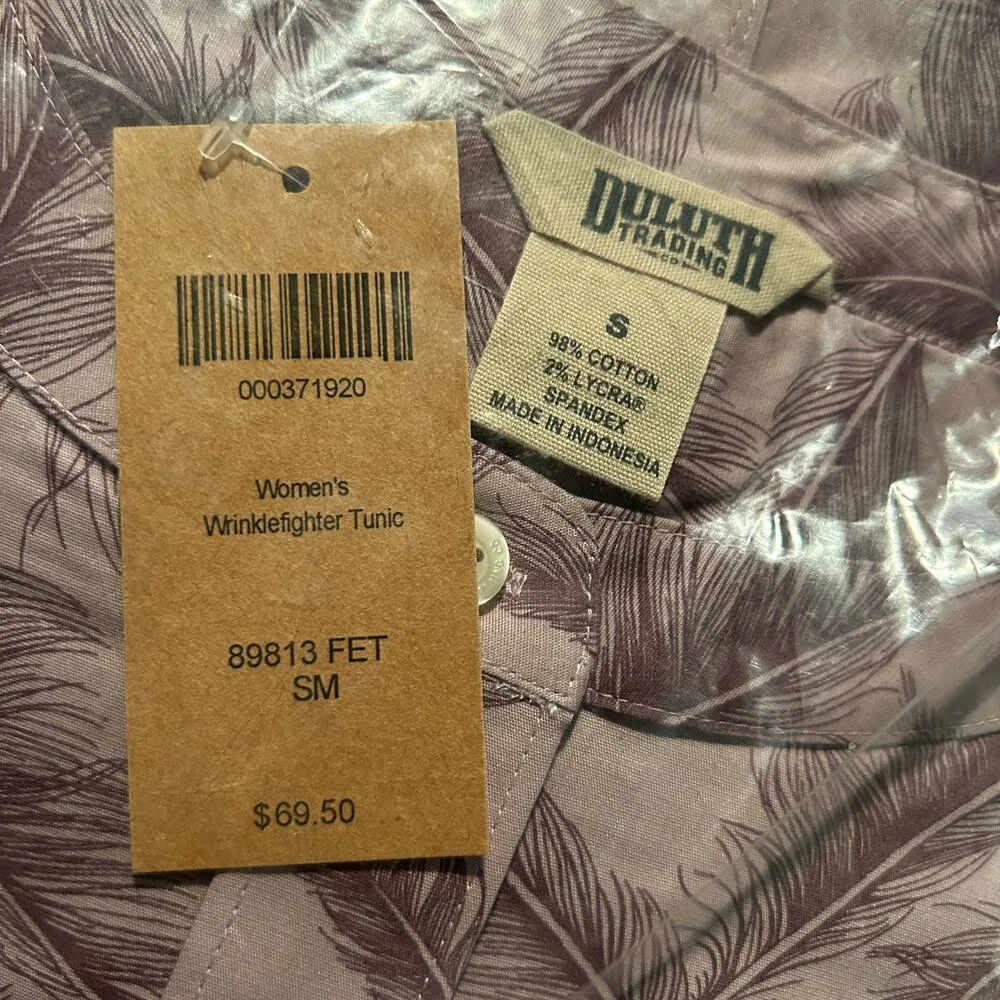 NWT Duluth Trading Co Wrinklefighter Purple Feather Button Down Tunic Top Small - Image 7