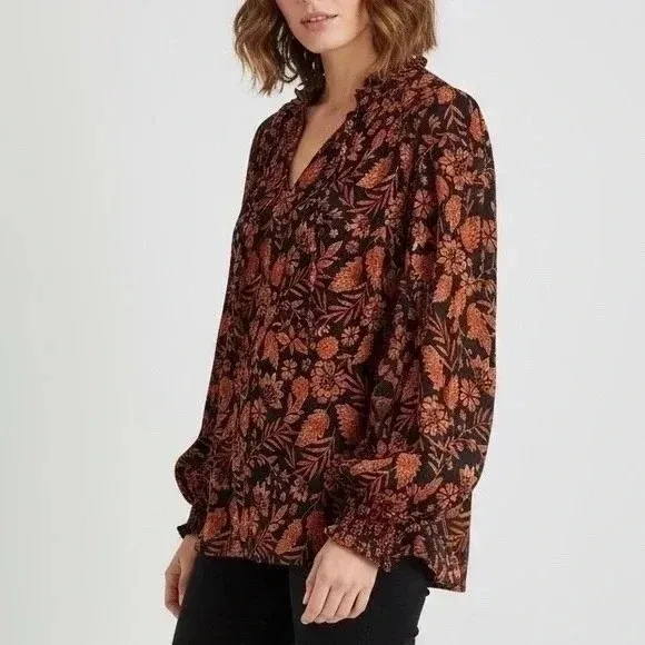 Elan‎ XS Blouse Black Autumn Floral Print Long Sleeve Ruffle Neck Womens Top - Image 3