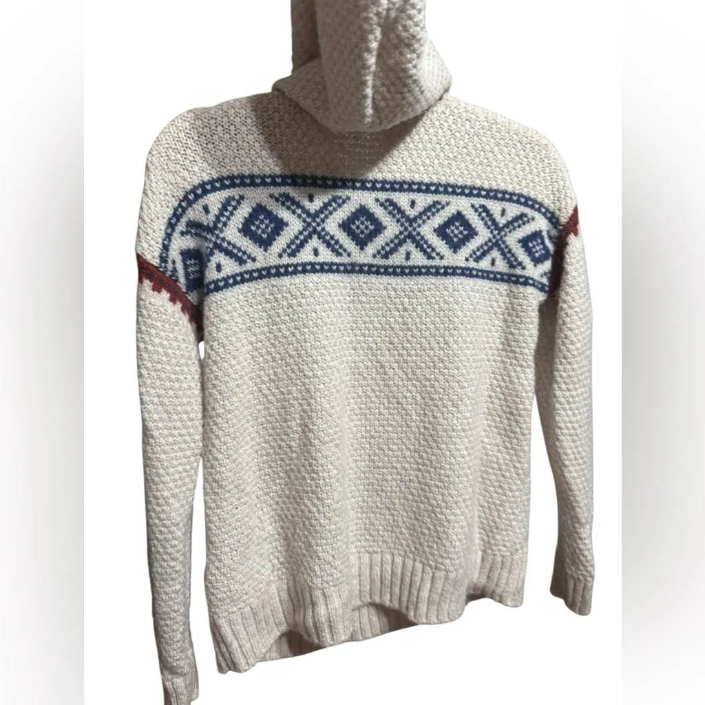 Madewell Fair Isle Knit Hoodie Sweater Ivory Blue Boho Nordic Pullover XS - Image 3