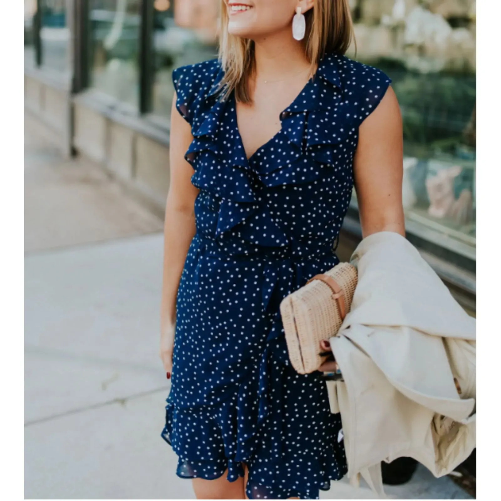 Bardot Polka Dot Faux Wrap Mini Dress Ruffle Tie Waist Back Zip Blue White 10(L) - Image 6