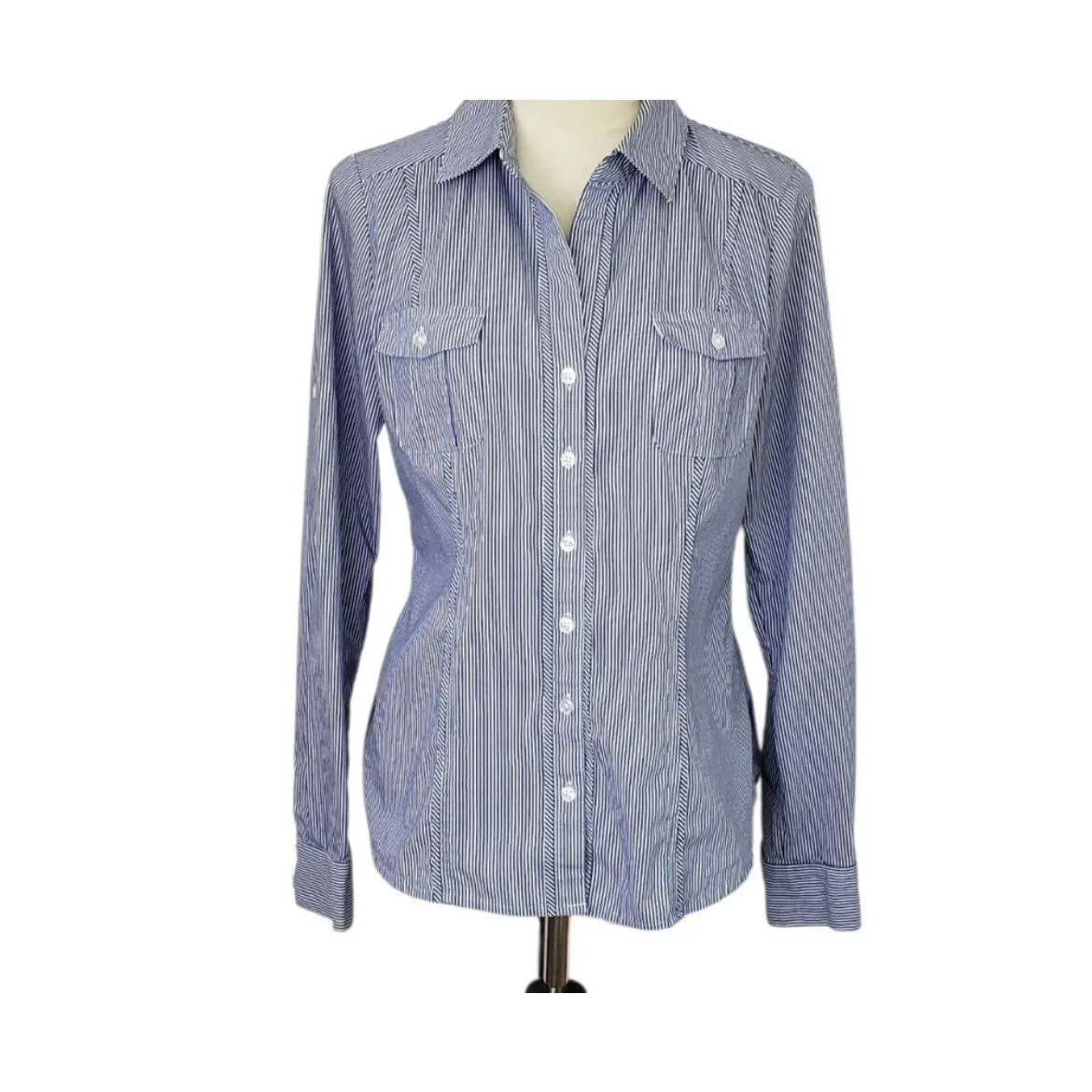 ✨White House Black Market Stripe Poplin City Camp Button Down Sz 8 Shirt✨ - Image 2