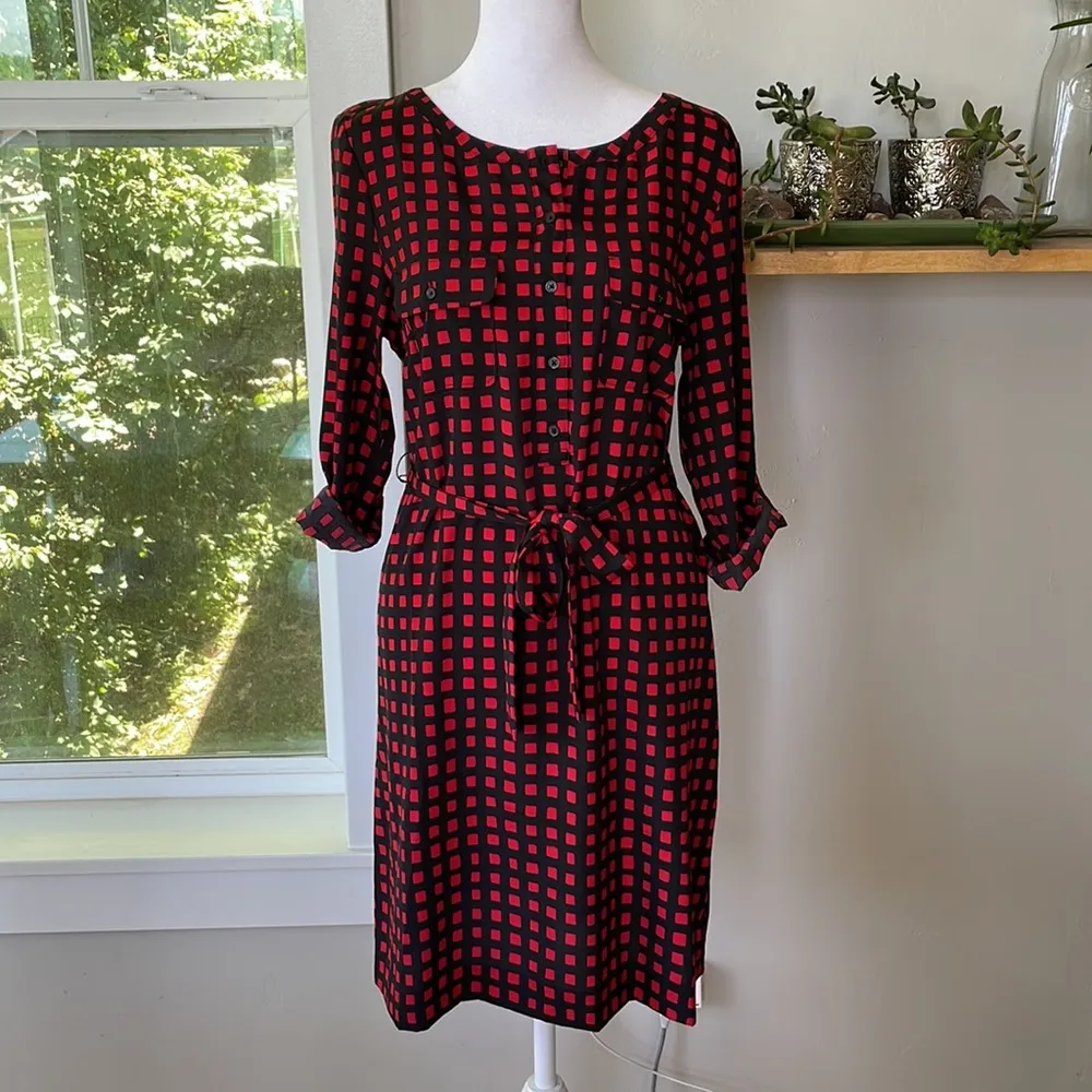 GAP Red and Black Checkered 3/4 Sleeve Belted Shirt Dress Sz Small - Image 6