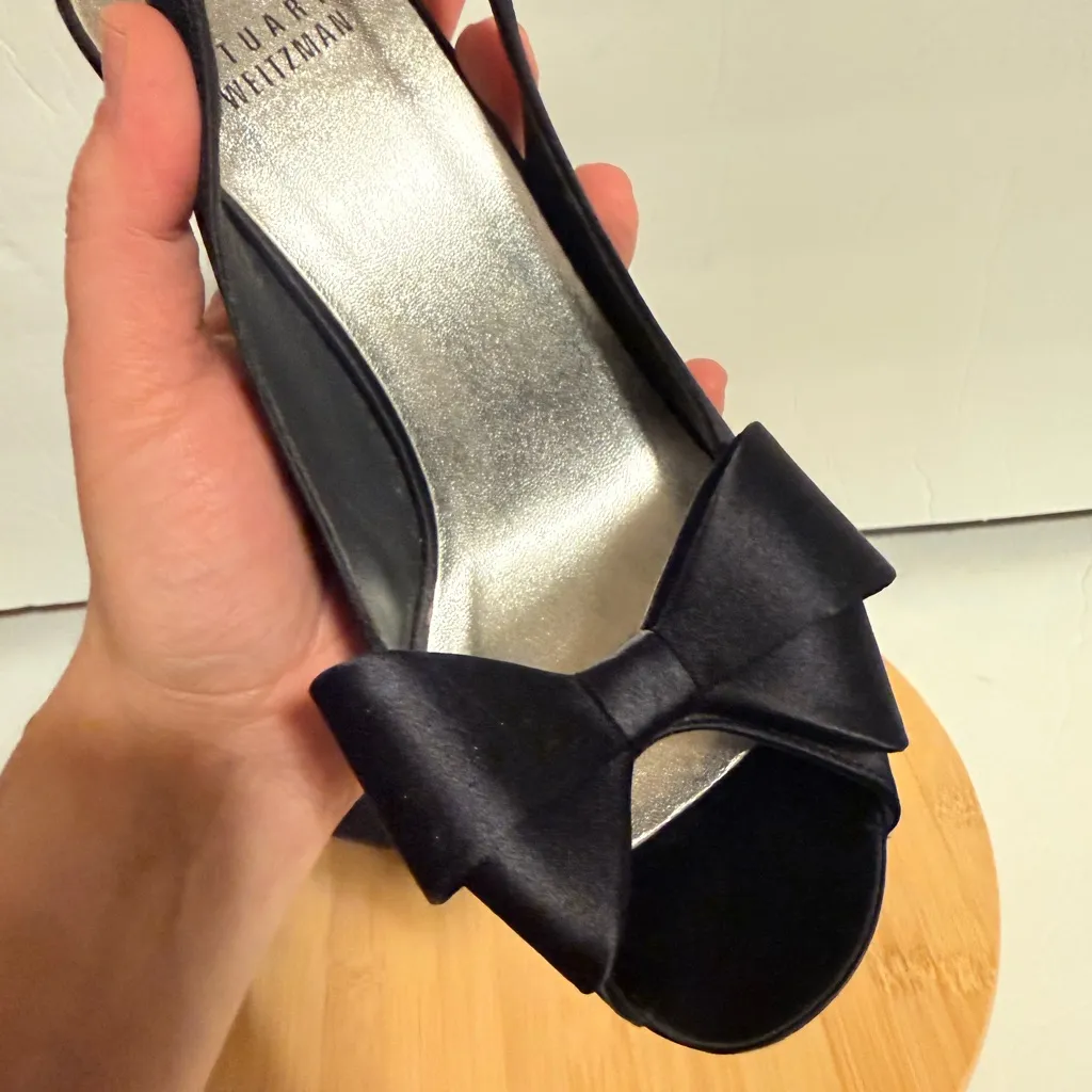 Stuart Weitzman Black Satin Bow Slingback Heels - Image 5