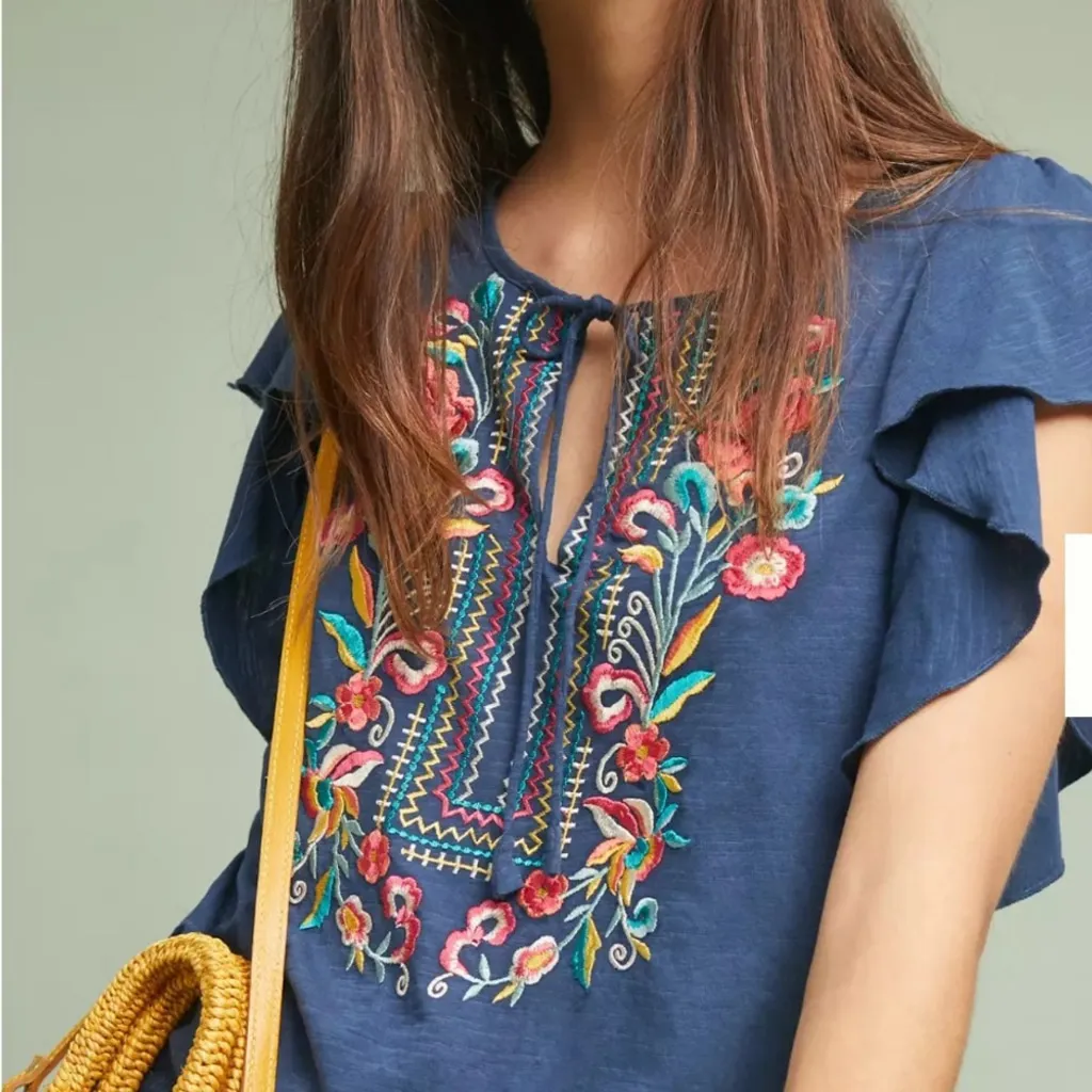 Anthropologie Ranna Gill Cotton Enesta Embroidered Top Boho Floral Blue Size M - Image 6
