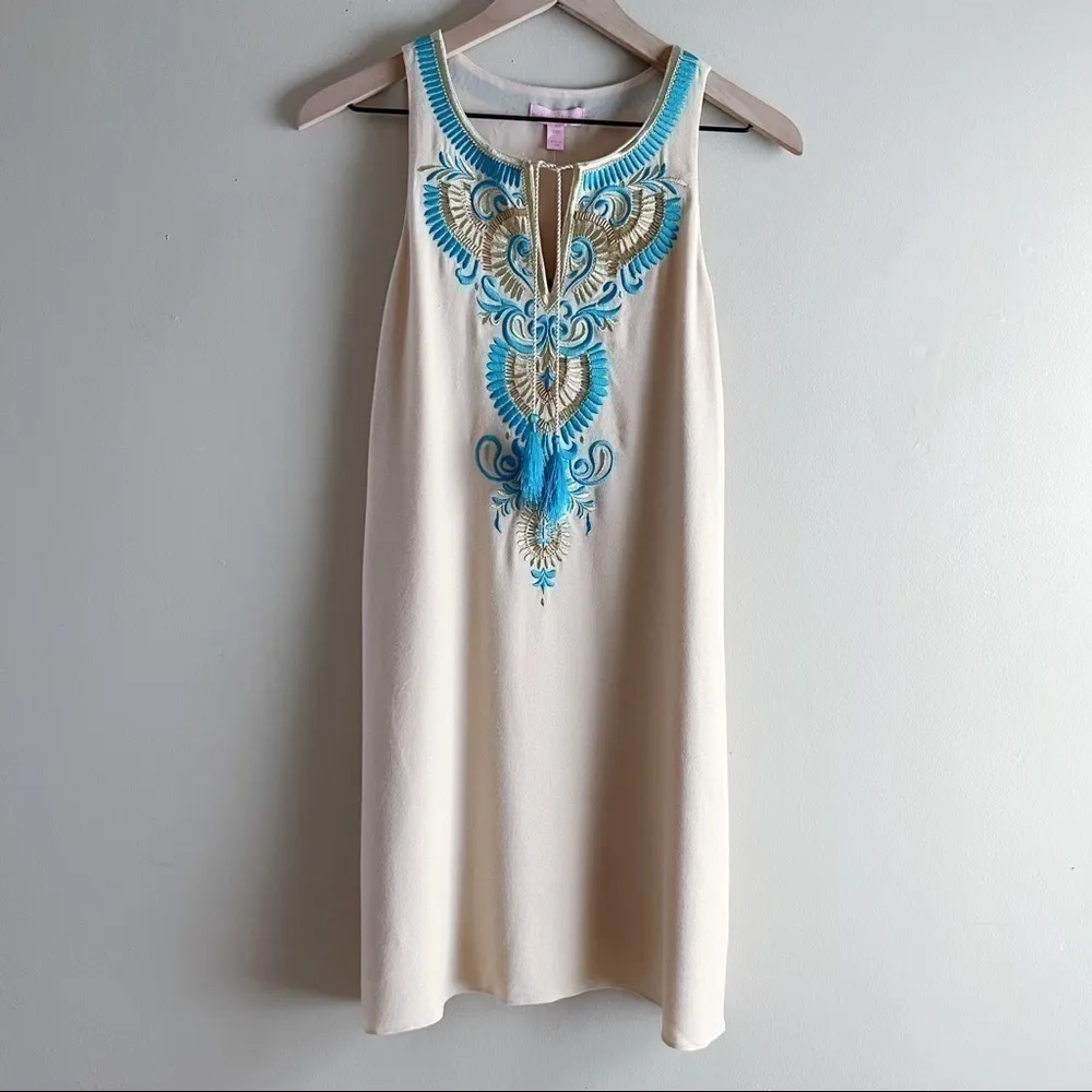 NWT Lilly Pulitzer Embroidered Aubra‎ Shift Dress in Sand Dune, Sleeveless, XXS - Image 2