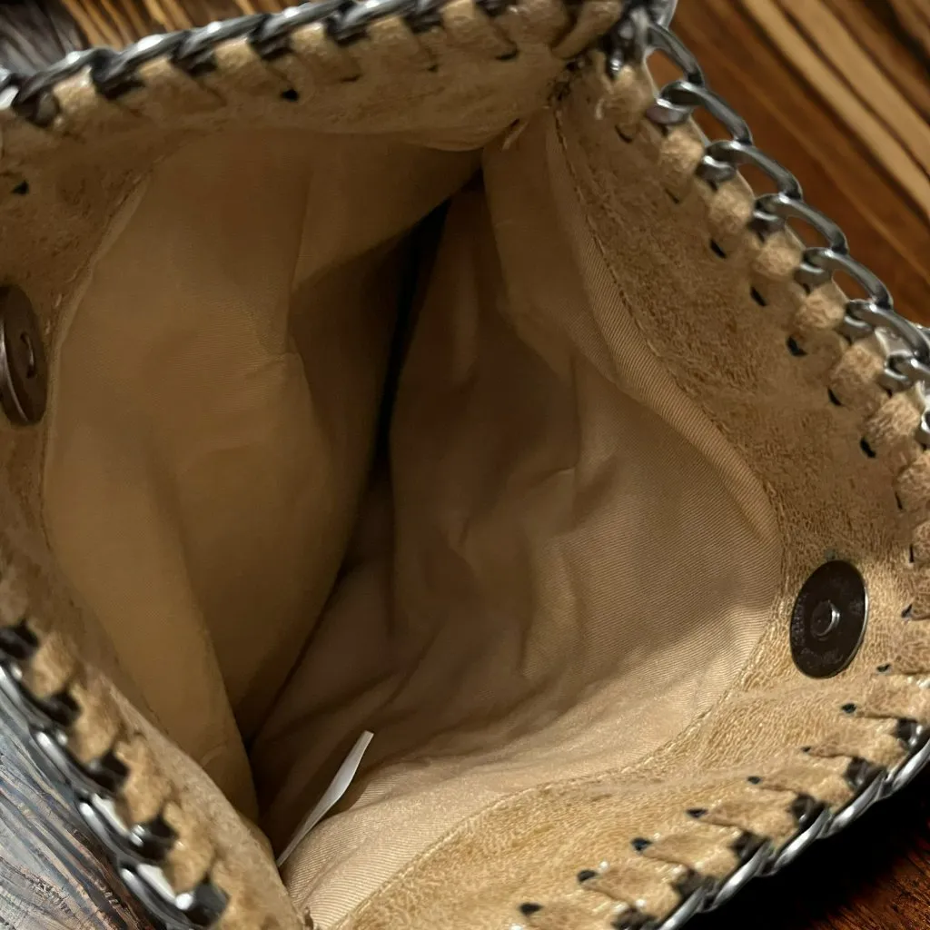 Genuine Leather Mottled Tan Removable Gunmetal Chain Crossbody Bag - Image 4