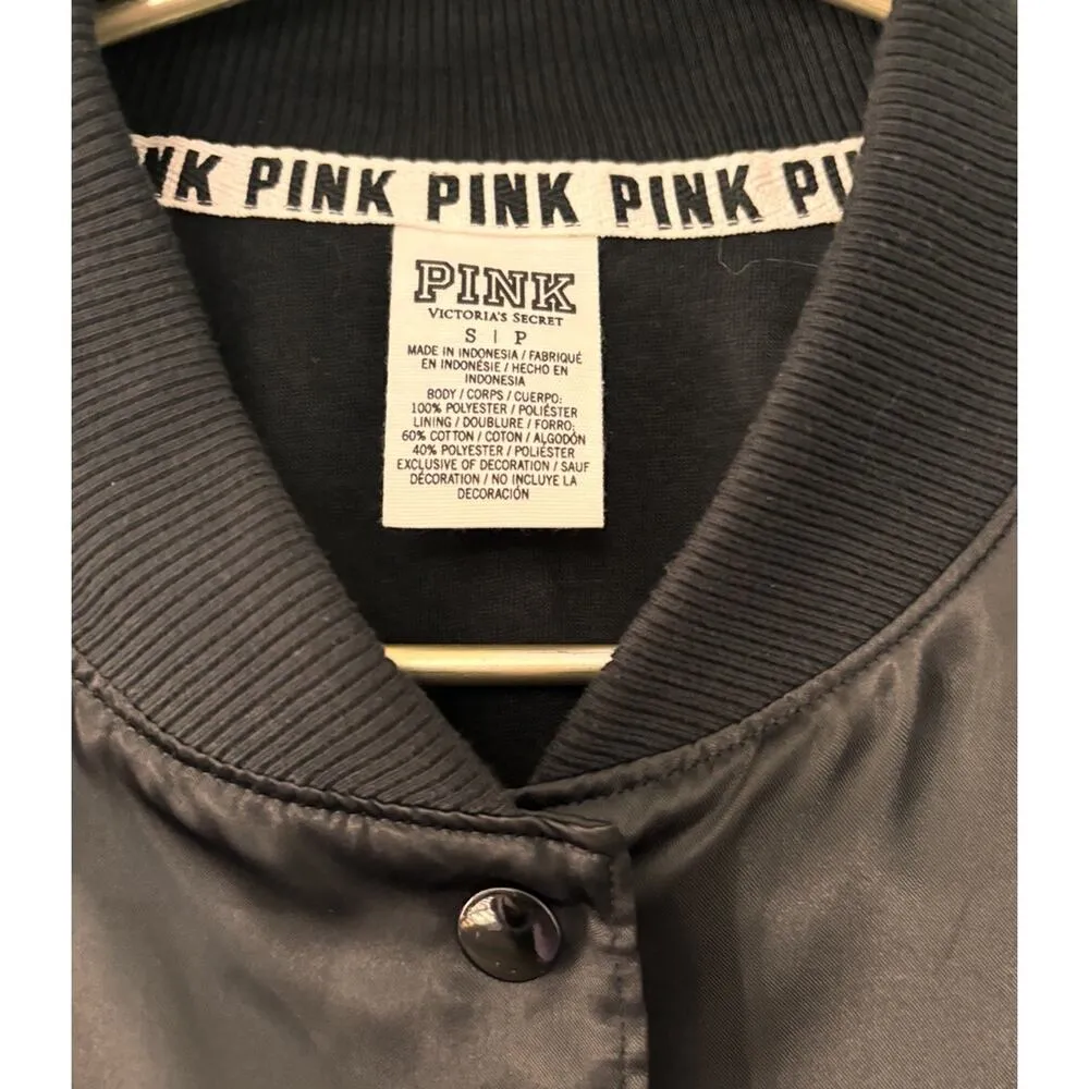 Victoria's Secret Pink VS Satin Jacket Black Sz Small Silky Varsity Y2K - Image 3