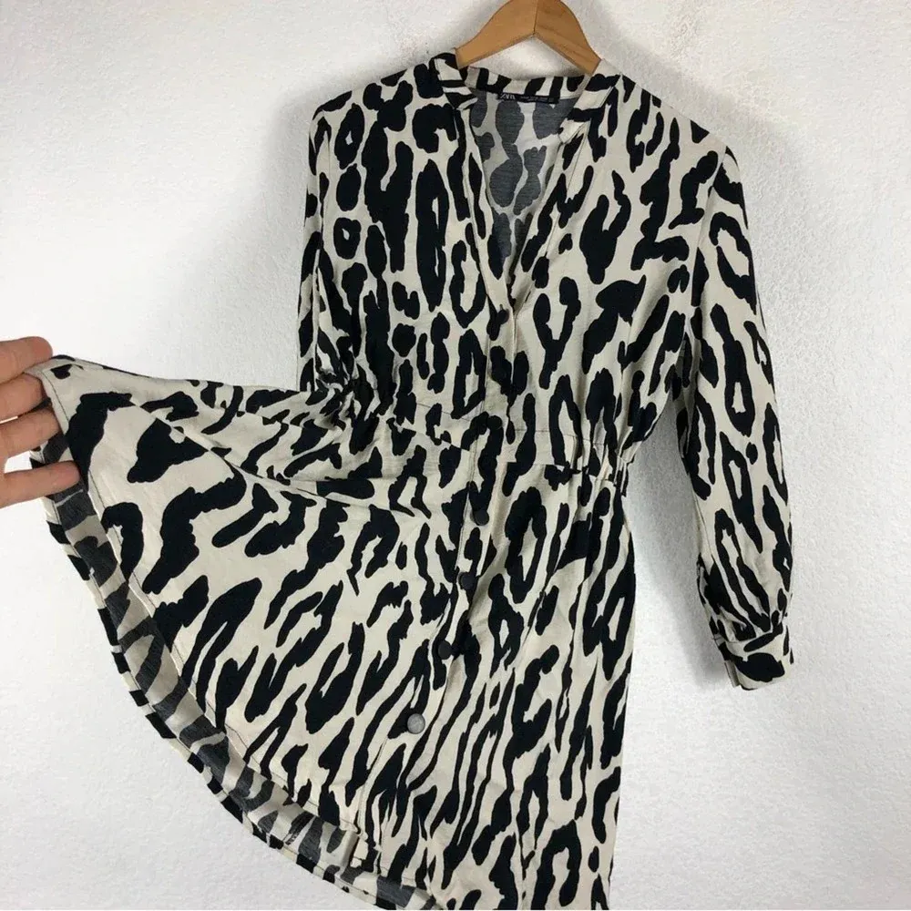 Zara Animal Print Long Sleeve Aline Button Mini Shirt Dress XS - Image 14