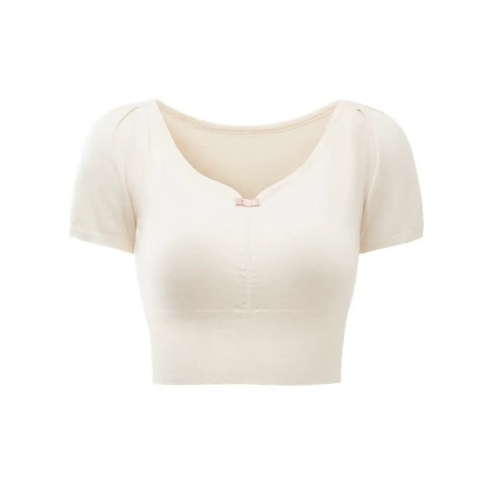 Japanese Ivory Cream Soft Comfy V Neck Pink Bow Kawaii Crop Top Size XS - Image 2