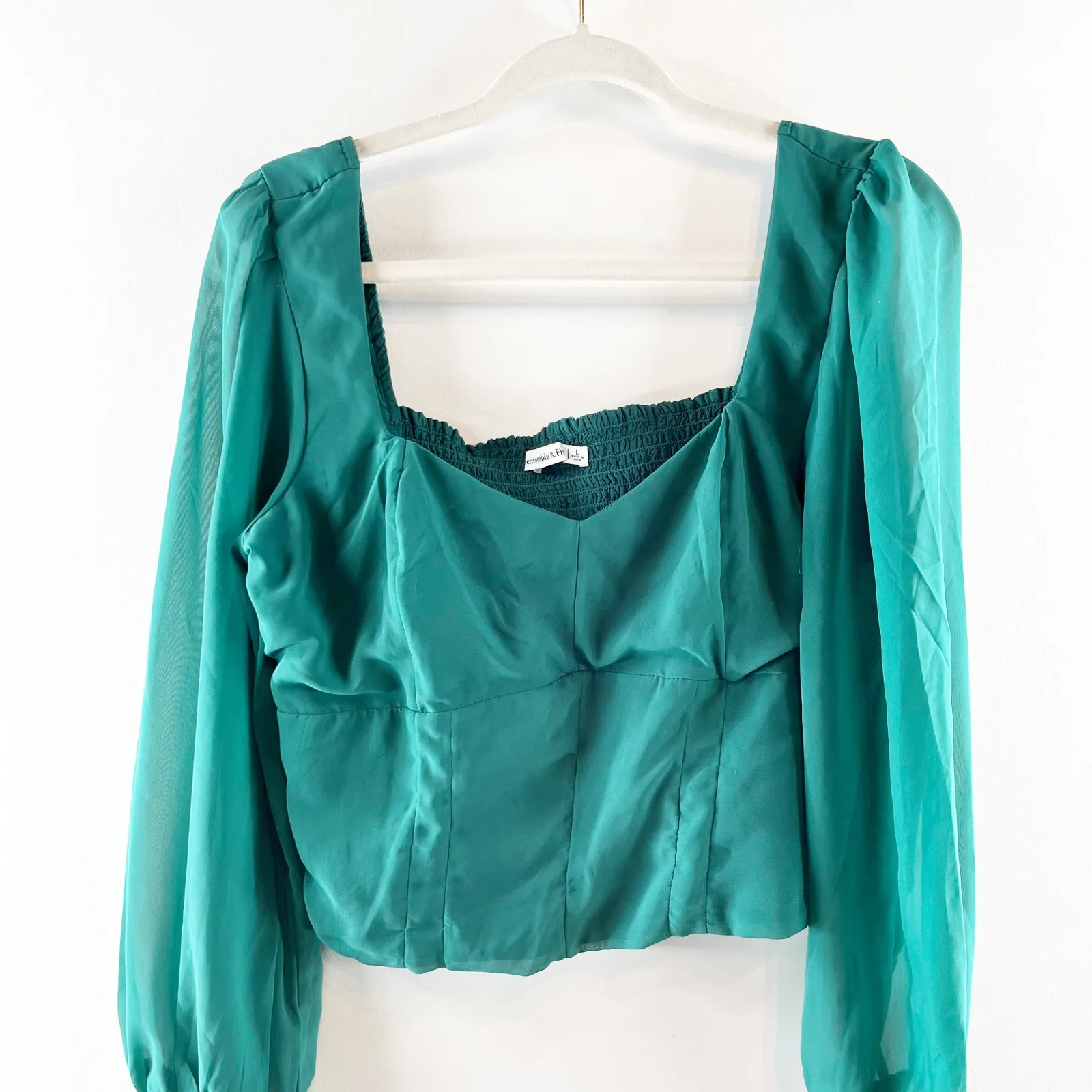 Abercrombie & Fitch Long Sleeve Sweetheart Neck Smocked Back Corset Top Green L - Image 5