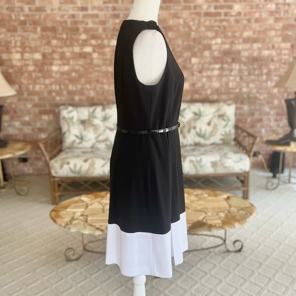 Calvin Klein Dress Color Block Knee Length Black White Sleeveless Belted 8 - Image 11