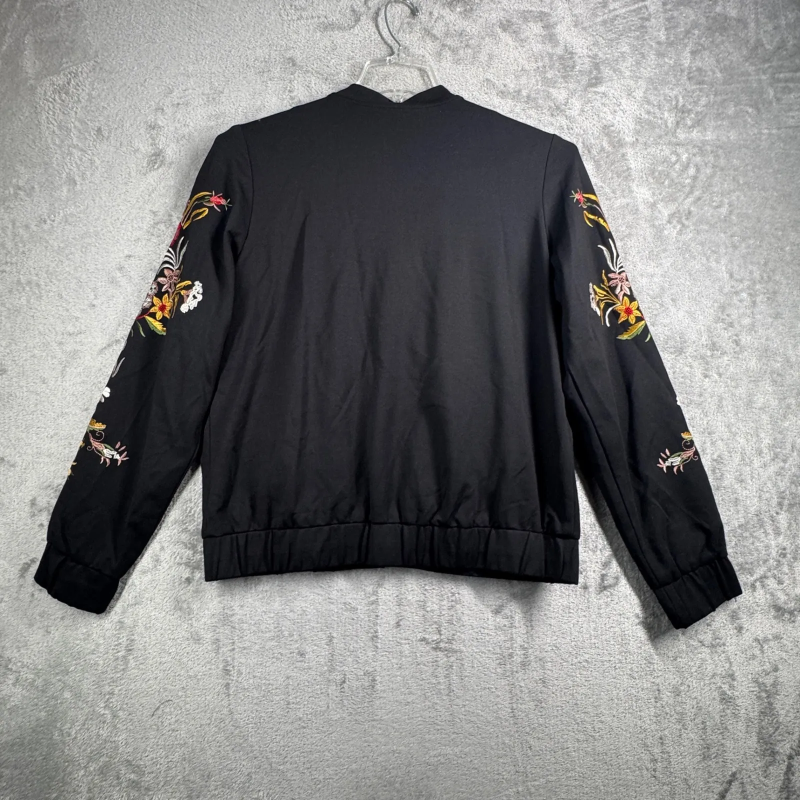 Du Jour Embroidered Bomber Jacket Womens S Black Floral Boho Festival Streetwear - Image 3
