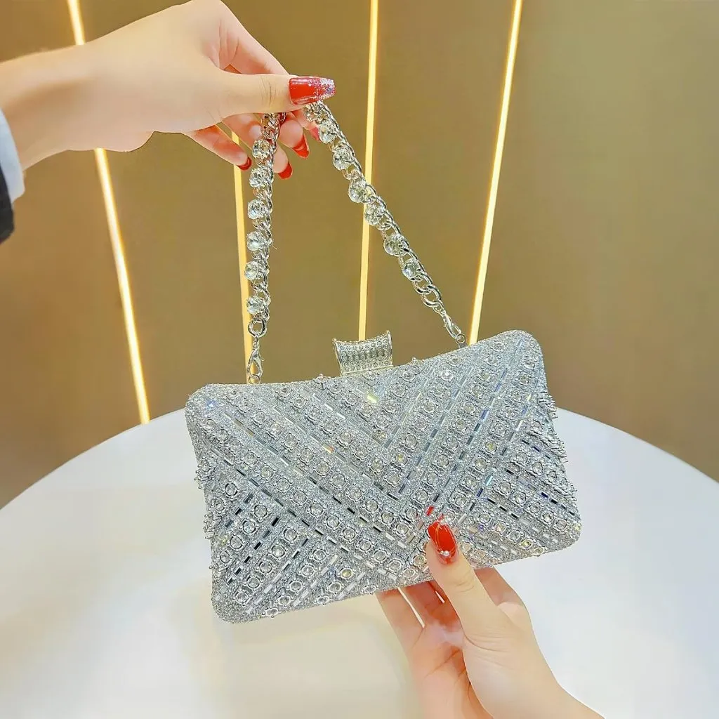 ⚡Women's Silver Evening Sparkly Shoulder Crystal Clutch Bridal Party Wedding Bag - Image 2