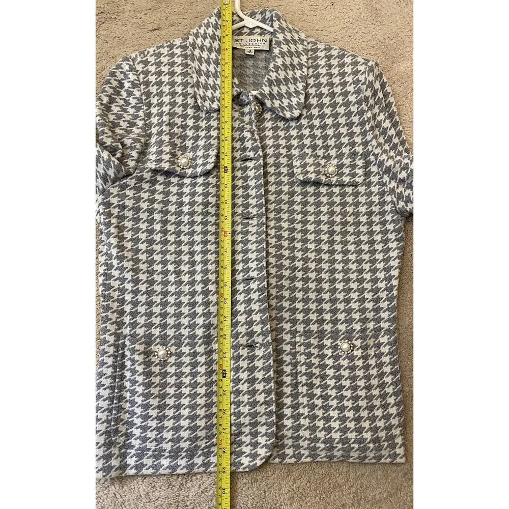 St.John Collection Sz 12 White Gray Houndstooth Knit Pearl Button Jacket Blazer - Image 15