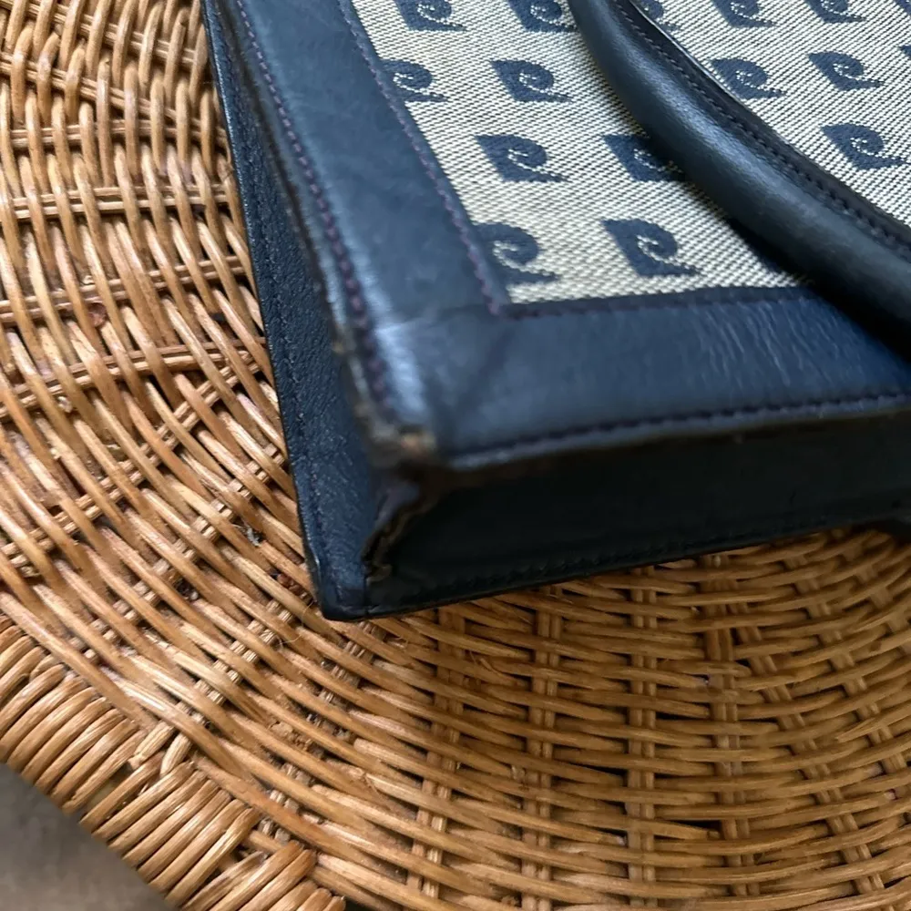 Pierre Cardin Vintage Blue Navy Cowhide and Canvas Monogram Tote Bag Case - Rare - Image 5