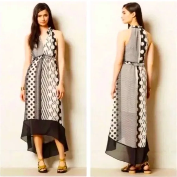 Anthropologie Maeve Halter Black Cream Dot Print Maxi Dress High Low Hem Size 8 - Image 2