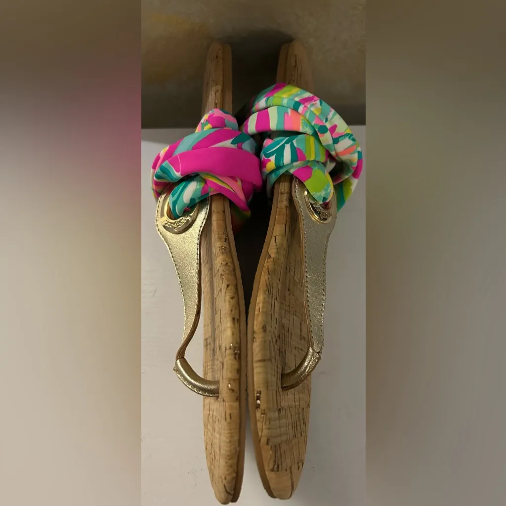 Lilly Pulitzer Gold and Vibrant Print Sandals - Image 2