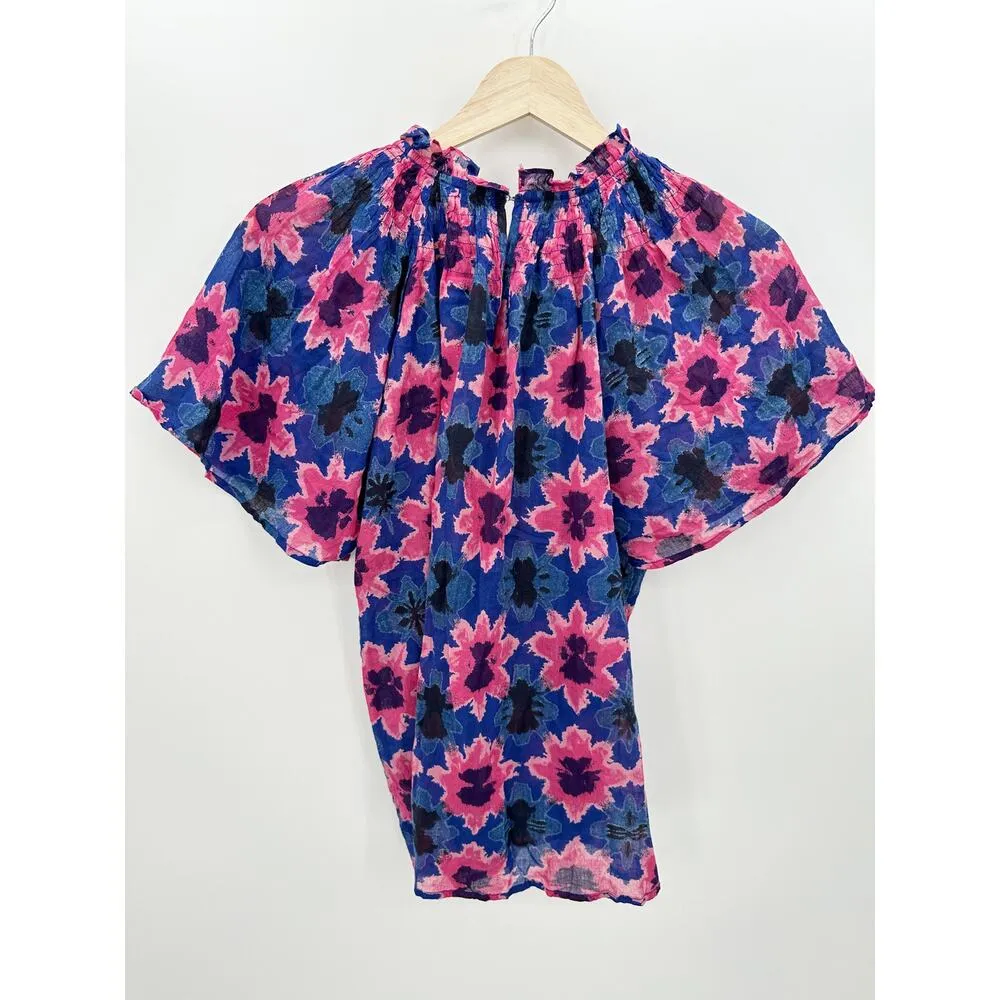 Banjanan Women Small Blue Pink Motif Floral Dahlia Smocked Blouse Top - Image 2