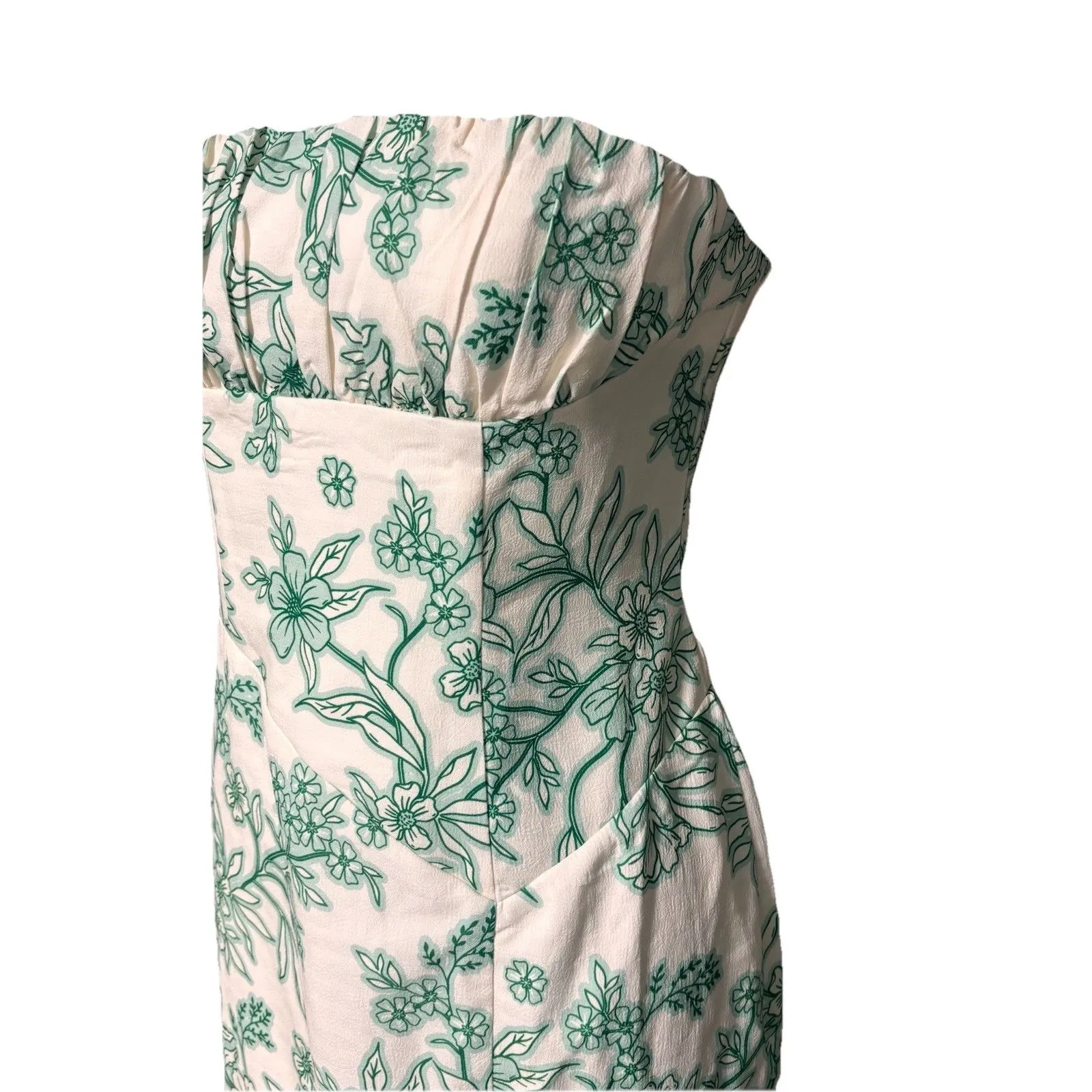 New Women’s Green White Fitted Strapless Floral Maxi Dress Leg Slit Vacay Sz M - Image 4