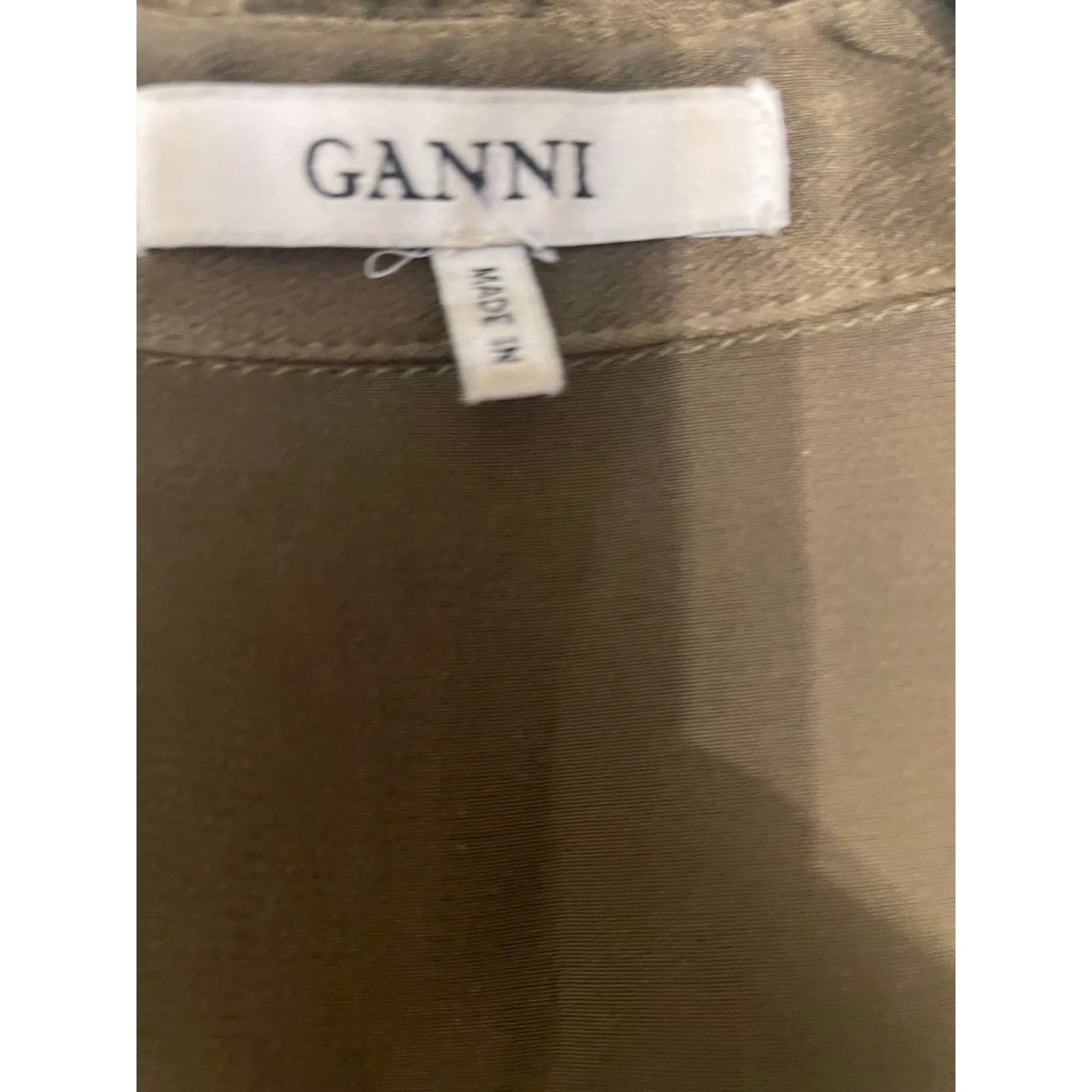 GANNI Satin Utility Shirt Olive Green Long Sleeve Button Up Pockets Size S - Image 5