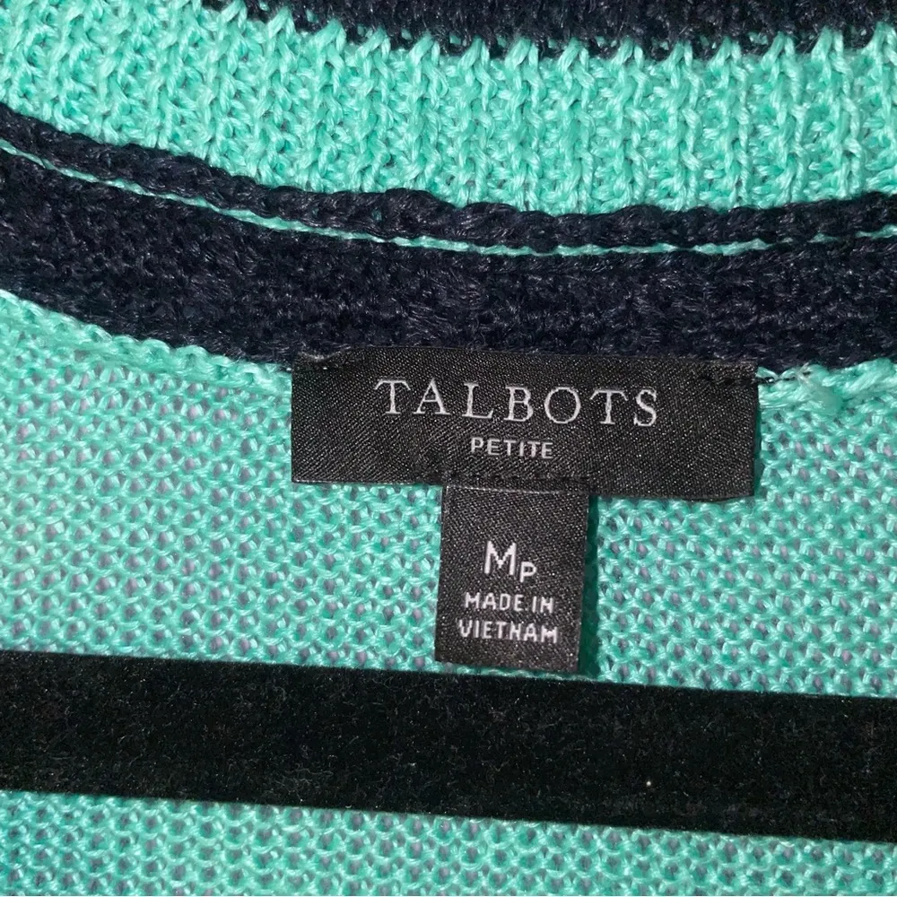 Talbots Size MP Linen Knit Green V-Neck Sweater with Navy Trim Academia Preppy - Image 5