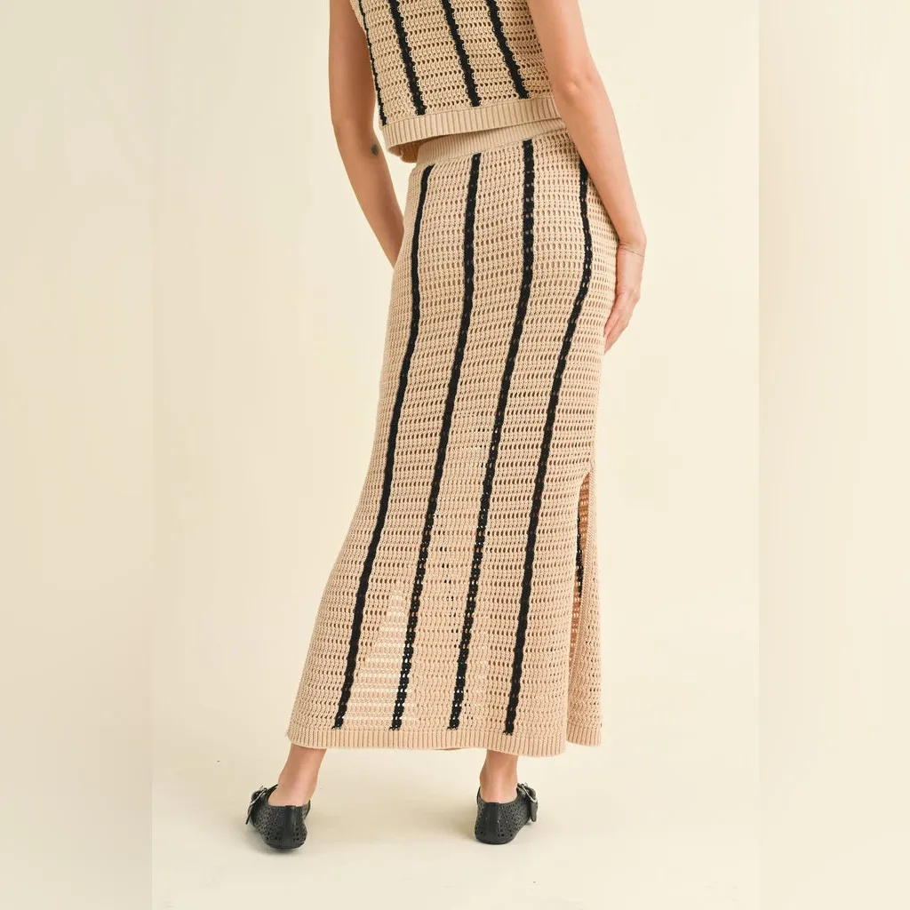 MIOU MUSE ANA STRIPED PATTERN CROCHET KNITTED LONG SKIRT Tan - Image 14