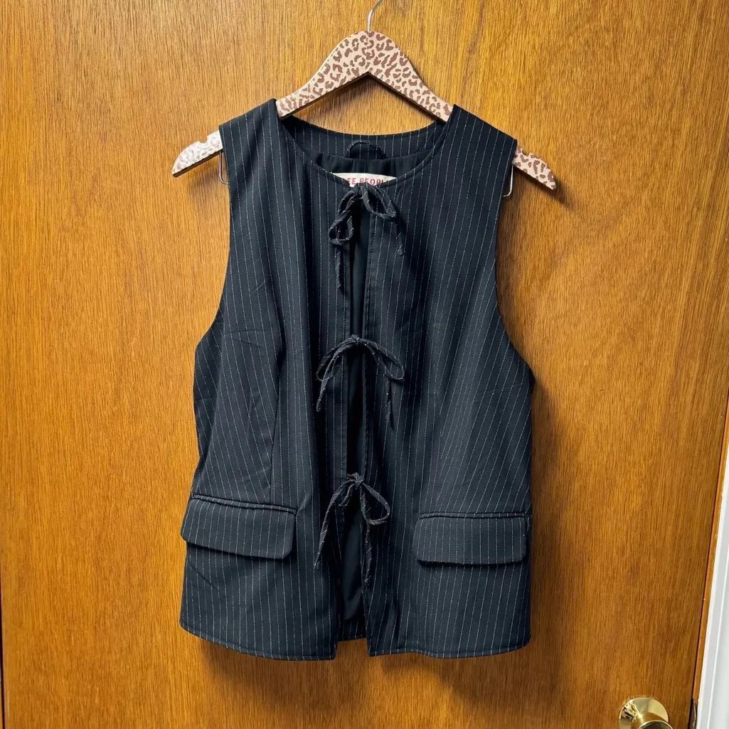 Free People FP Celia Pinstripe Suit Vest Tie Front Stripes Black Large L $128 - Image 15