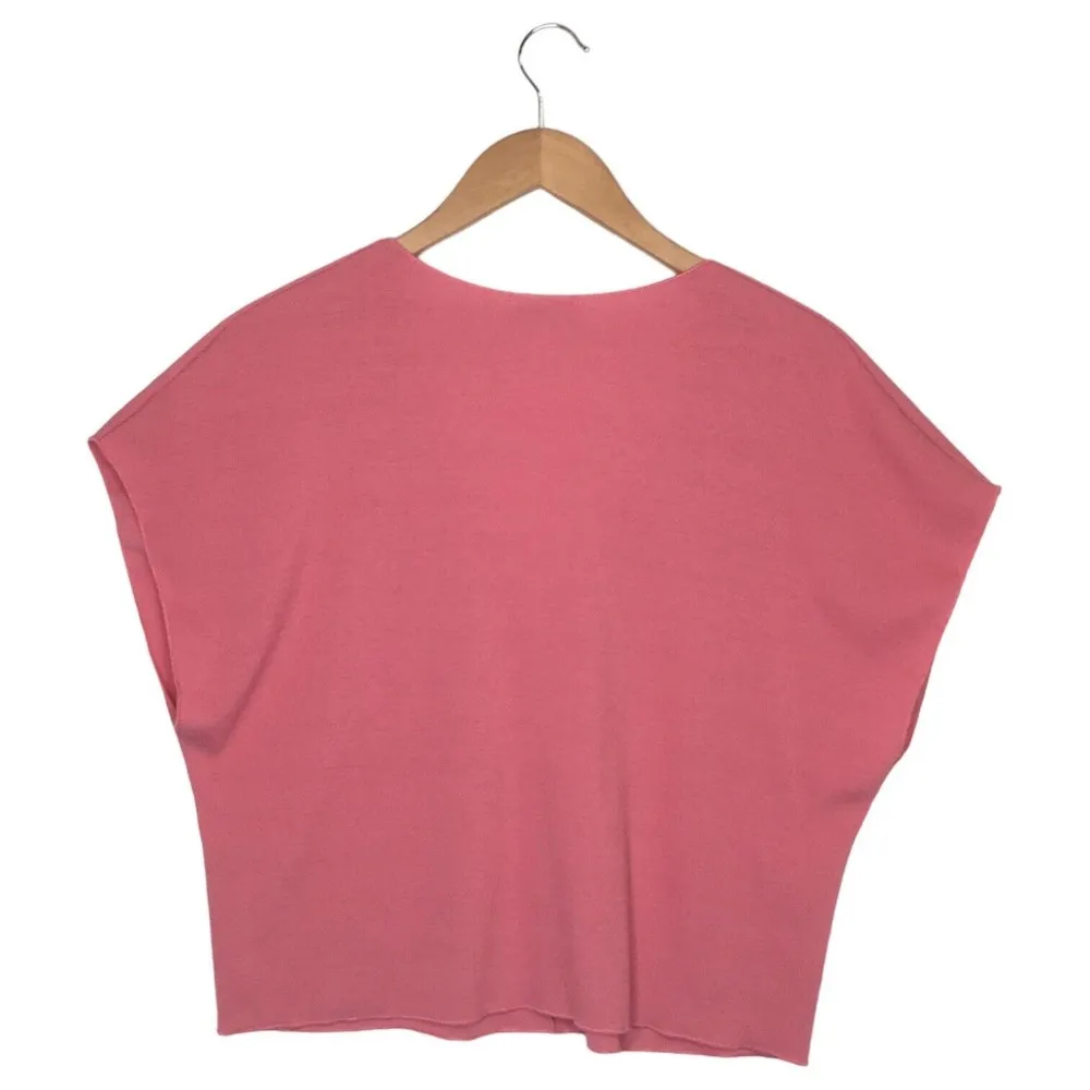 Zara Top Womens L V Neck Ribbed Cropped Short Dolman Sleeve Raw Hem Pink - Image 2