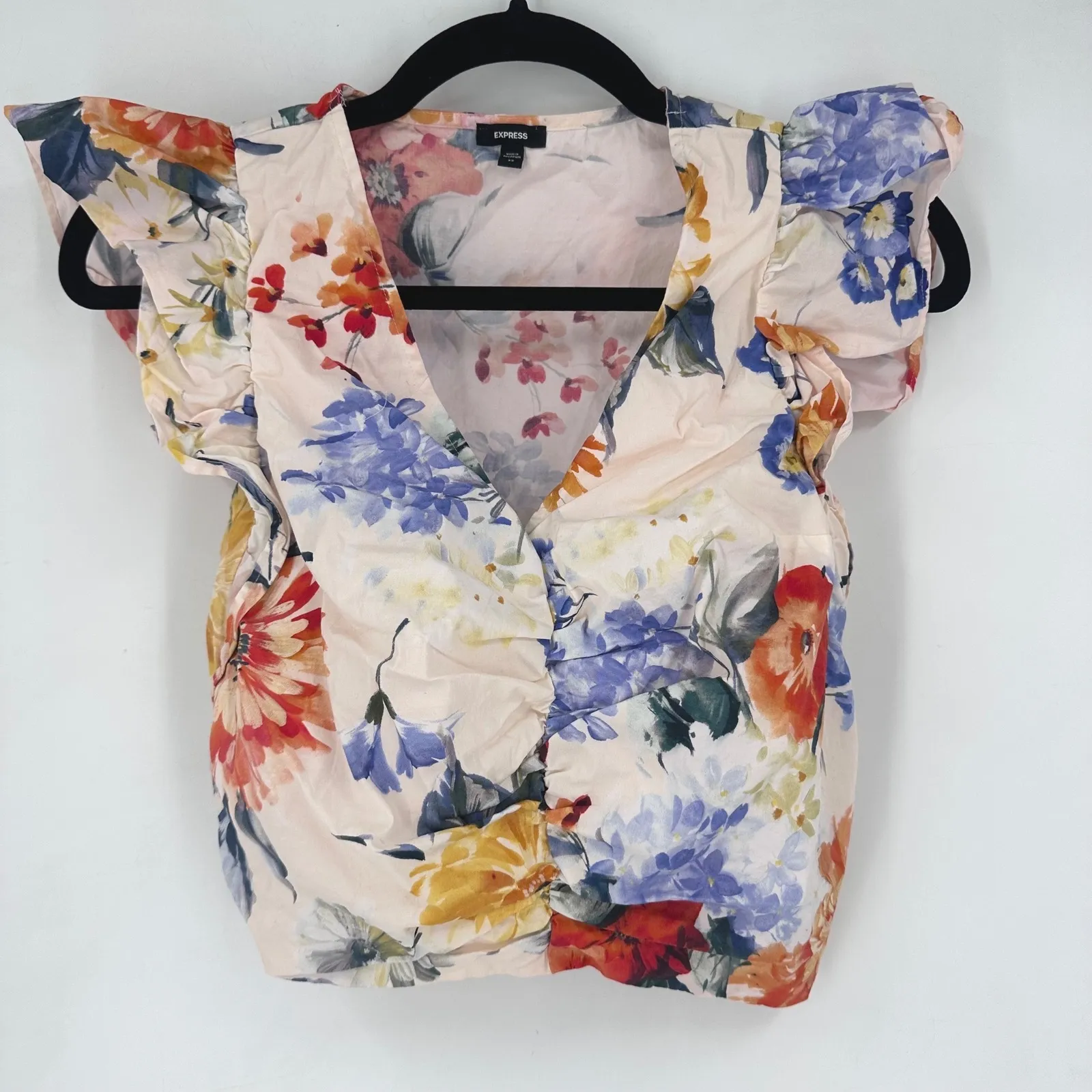 Express Floral Ruffle Sleeve V Neck Ruched Blouse Top Womens XS Pink Blue Orange - Image 2