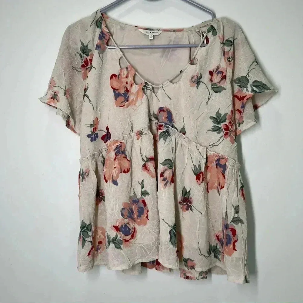 LUCKY BRAND Women's Pink Floral Flutter short sleeve  Top S - Image 3