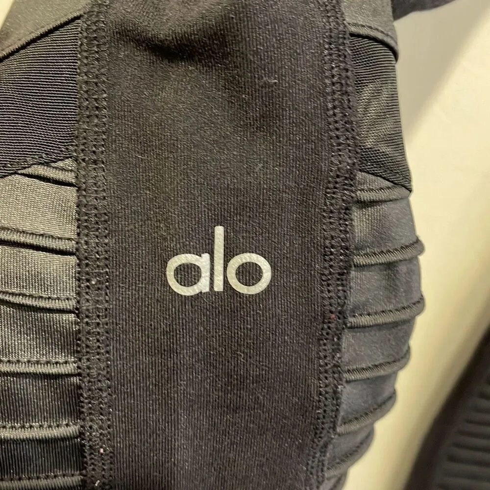 Alo Yoga Womens Flat Front High Waist Mesh Moto Panels Active Leggings Black Siz - Image 8