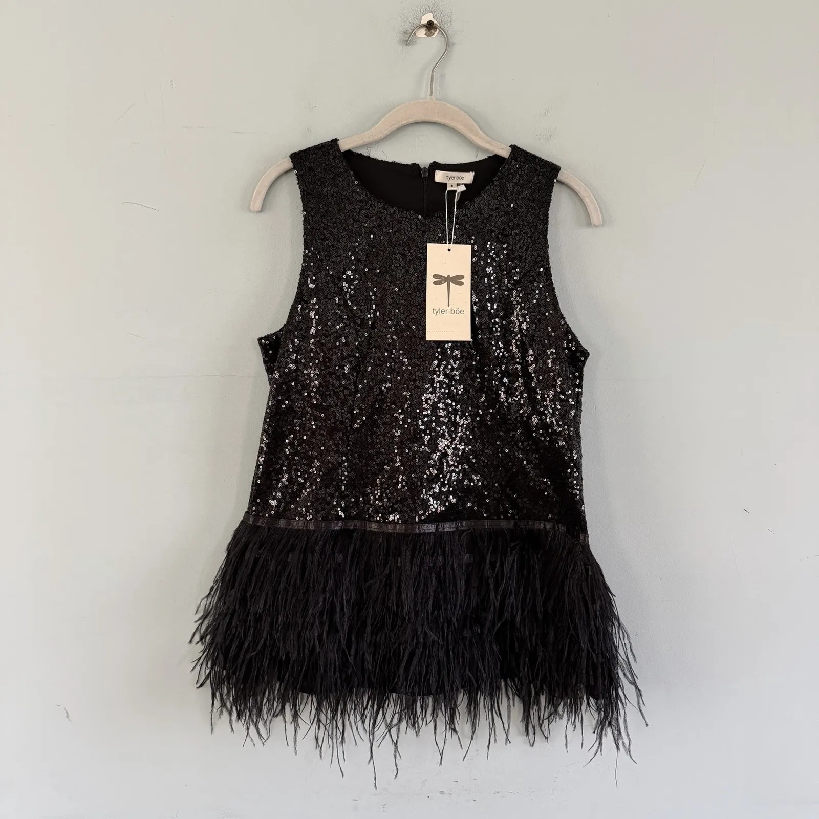 NWT Tyler Boe Bella Sequin Ostrich Feather Trim Black Tank Top Size 6 - Image 3