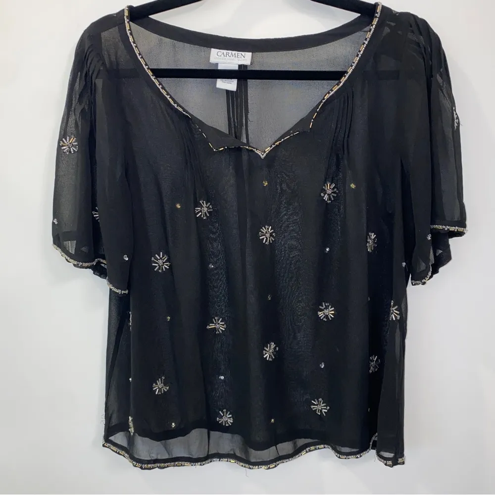 Vintage Carmen Marc Volvo Black Beaded Sheer Shirt Short Sleeved Top Small - Image 3