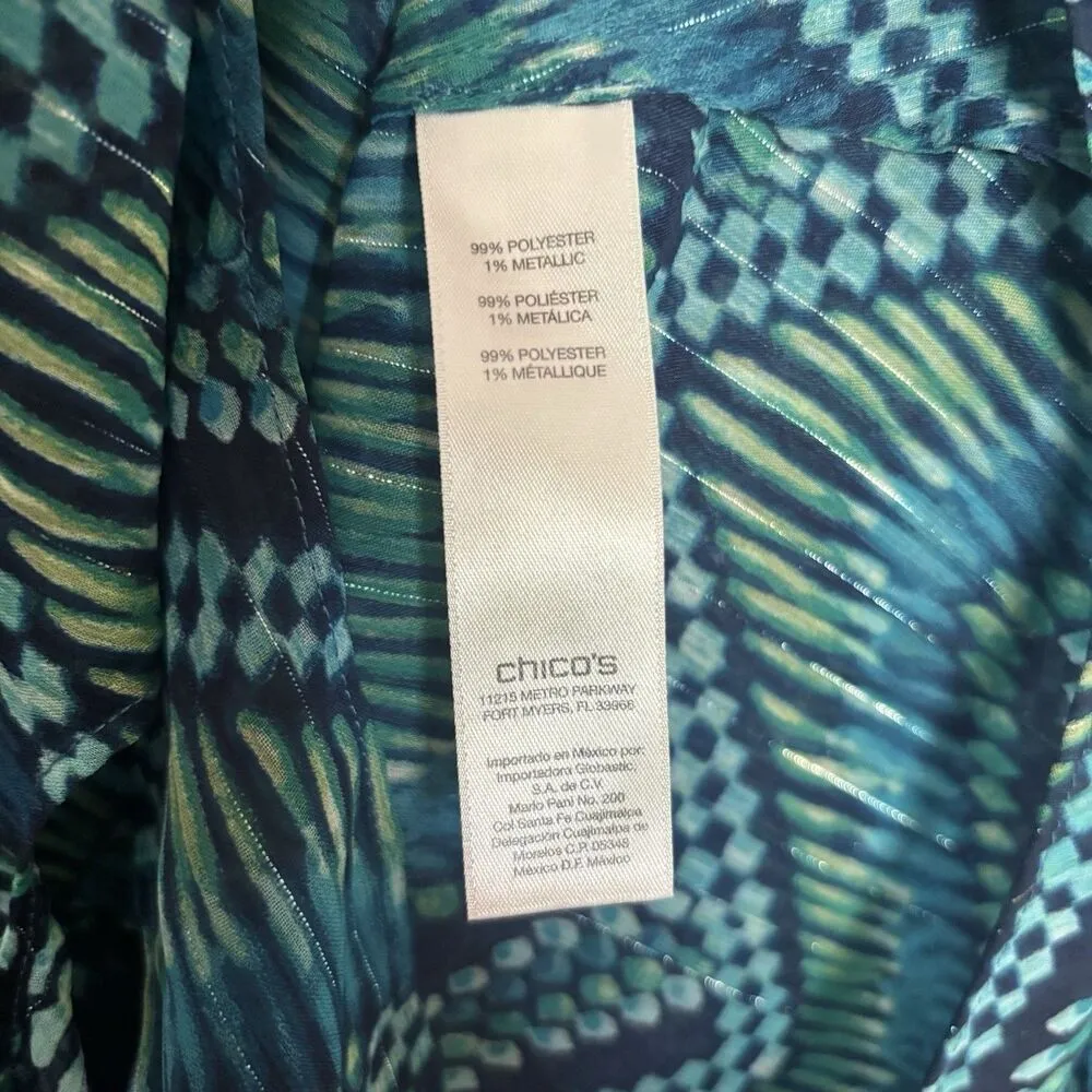 CHICOS Top Womens 1 Medium Blue Multicolor Chevron Metallic Art To Wear Blouse - Image 8