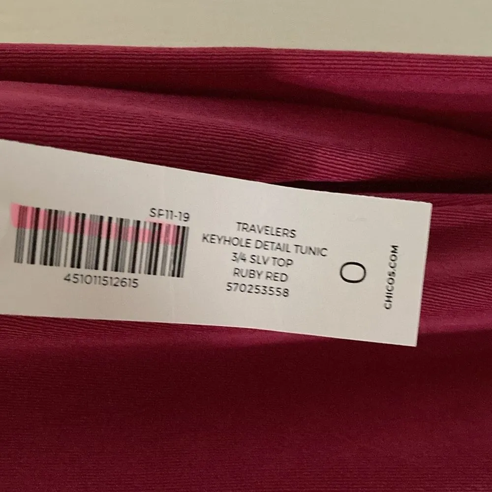 NEW Chico’s Travelers Keyhole Detail Tunic 3/4 Sleeve Top Blouse Ruby Red Size 0 - Image 4
