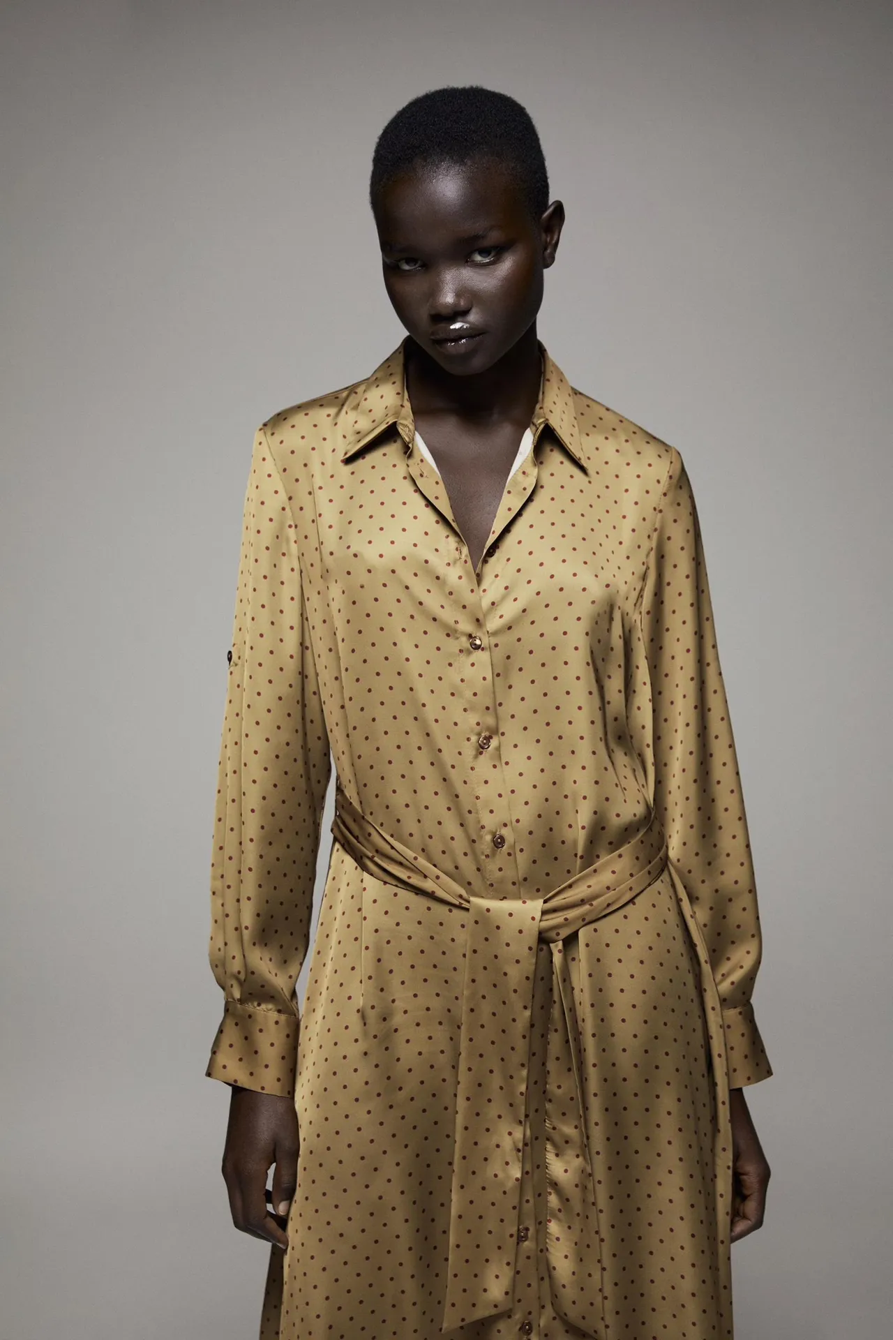 Polka Dot Satin Button Down Midi Dress - Image 3