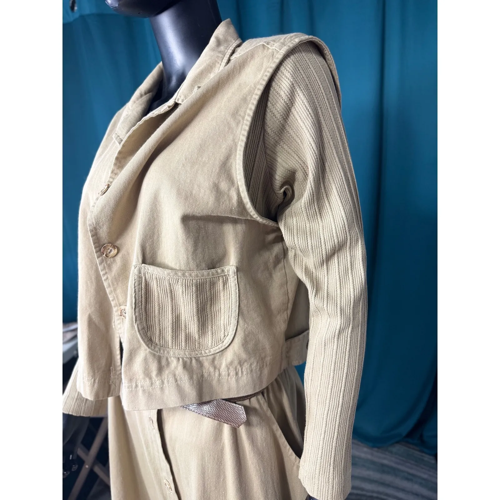 Stuart Alan Vintage 2 Piece Dress Set w/Vest Button Front Tan Maxi Dress Size 14 - Image 5