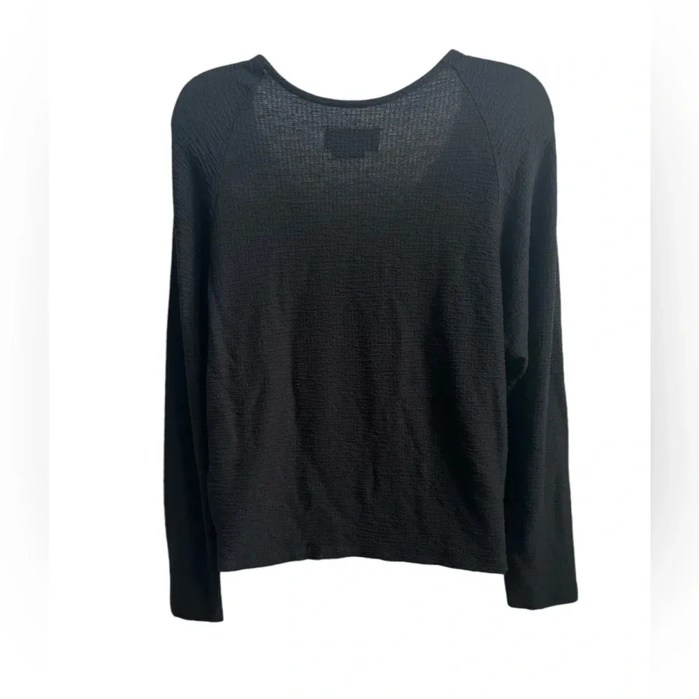Anthropologie Long Sleeve Top Black Waffle Knit V-Neck Textured, Size Medium - Image 3