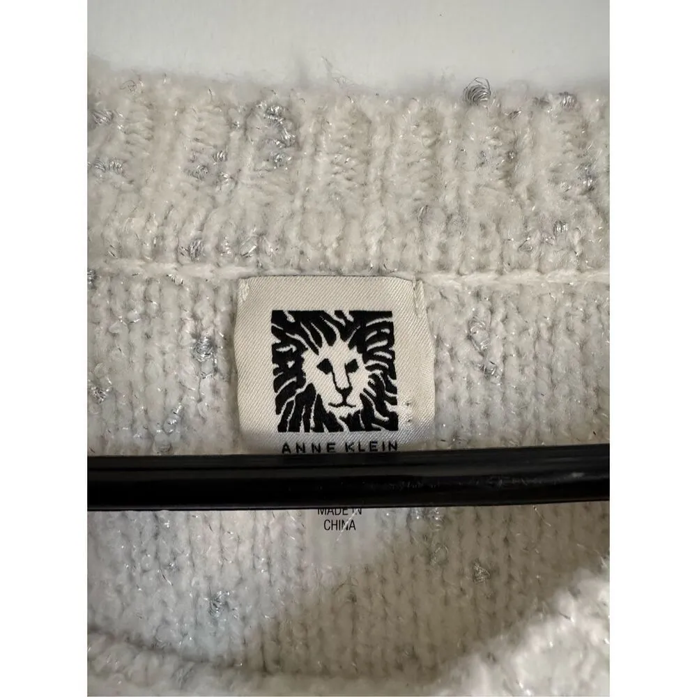 Anne Klein Womens White Silver Crew Neck Pullover Soft Knit Sweater sz XL Cozy - Image 4