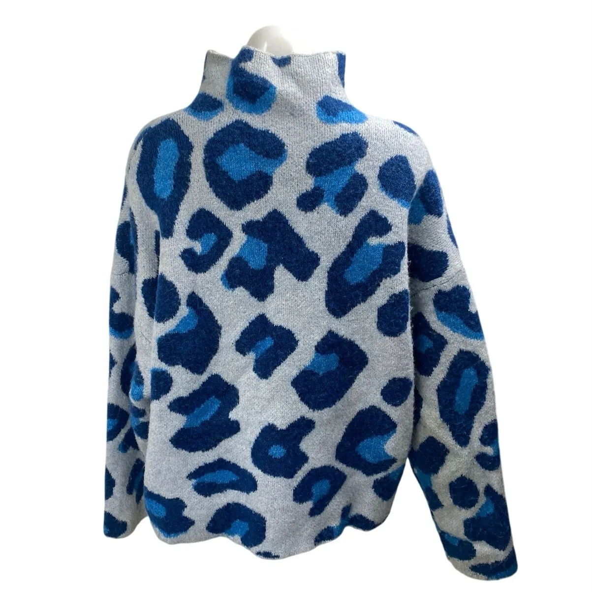 Zara Womens Blue Wool Jacquard Leopard Long Sleeve Turtleneck Sweater Top Size L - Image 3