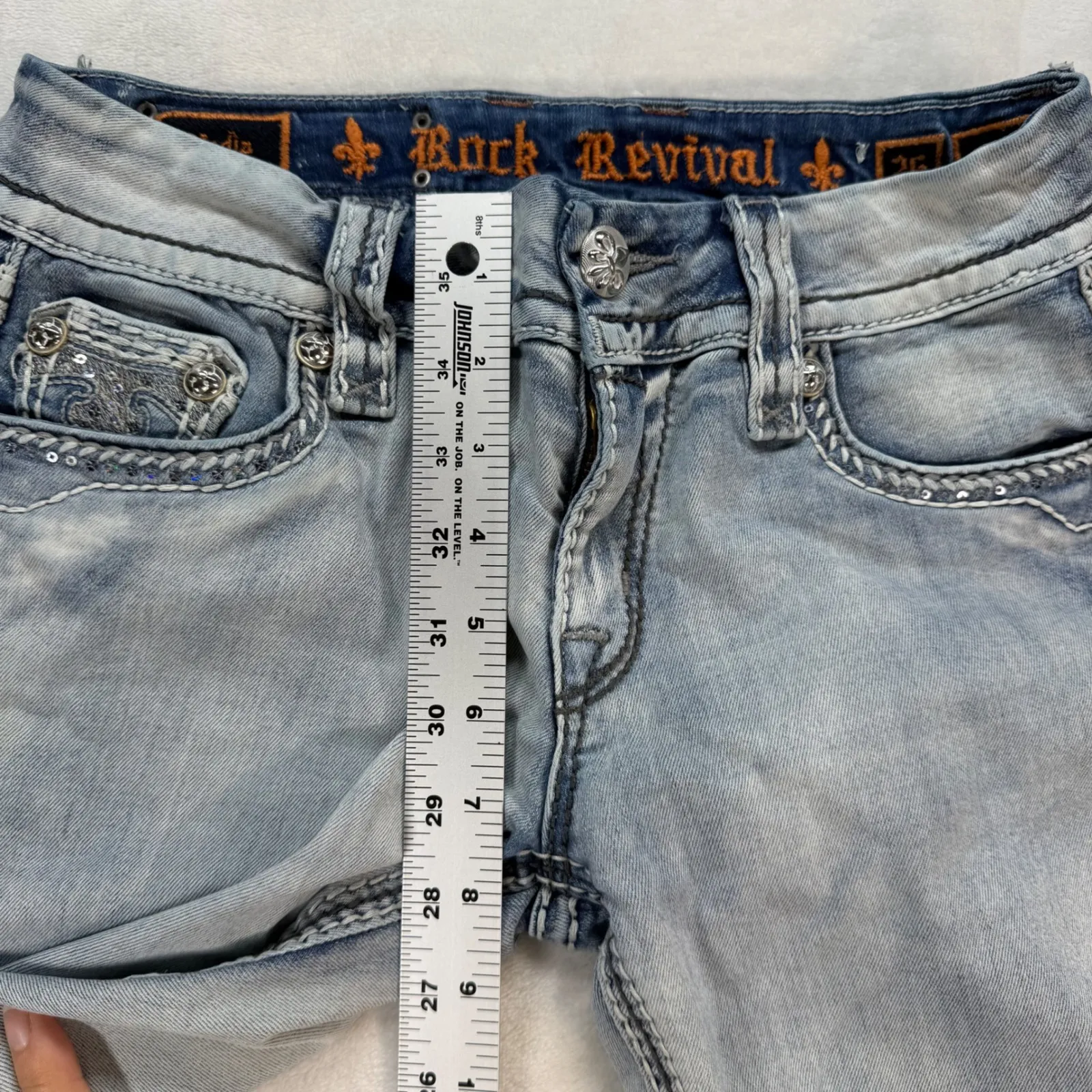 Rock‎ Revival Nadja Easy Crop Jeans Embellished Pockets Light Wash Denim Size 26 - Image 4