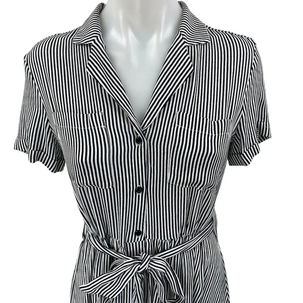 Monoprix Black White Striped Short Sleeve Belted Button Down Midi Shirt Dress 4 - Image 3