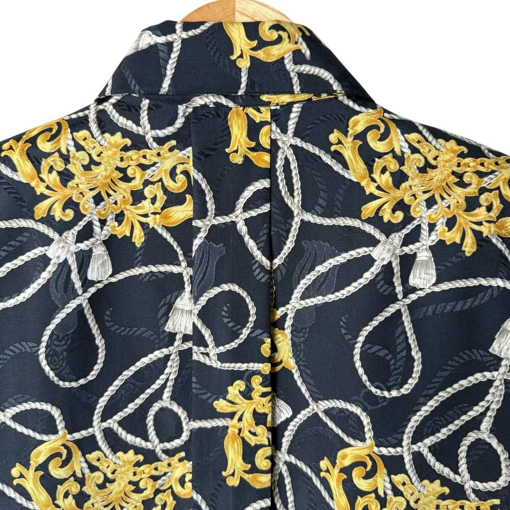 Vintage Pierre Cardin Black Gold Printed Button Up Blouse Cropped Long Sleeve, 6 - Image 10