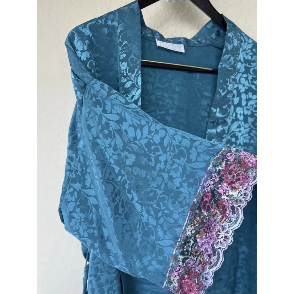 Val Mode Women’s Vintage Satin Jacquard Robe Kimono Sleeve Floral Lace Mermaid L Blue Size L - Image 2