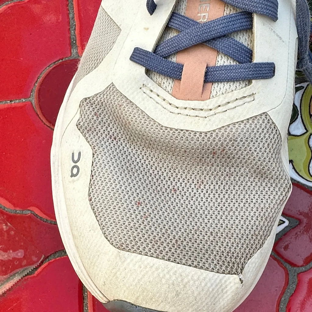 On Running White and Gray Shoes with Blue Laces Size 8.5 - Image 3