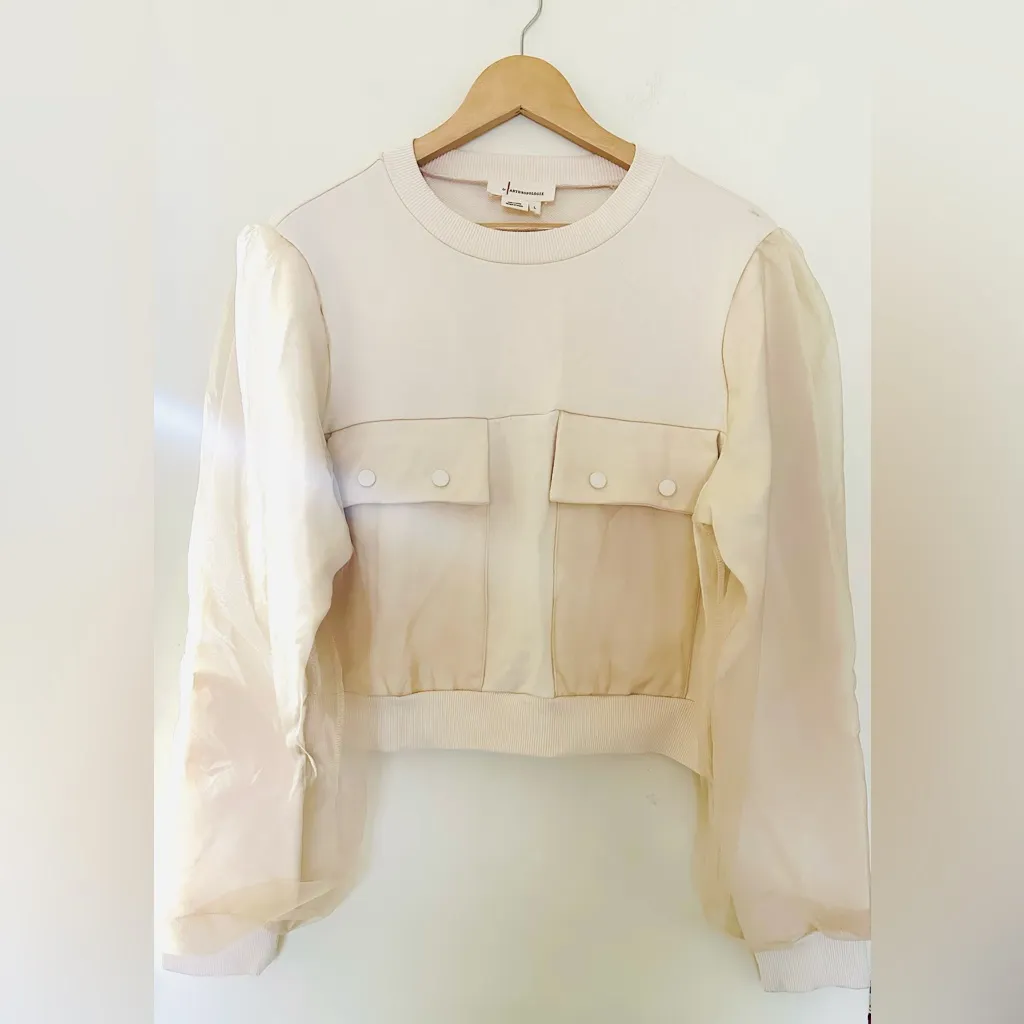 Anthropology Utility Pocket Pullover Sweater Womens Cream Sheer Crew Neck Sz L - Image 2