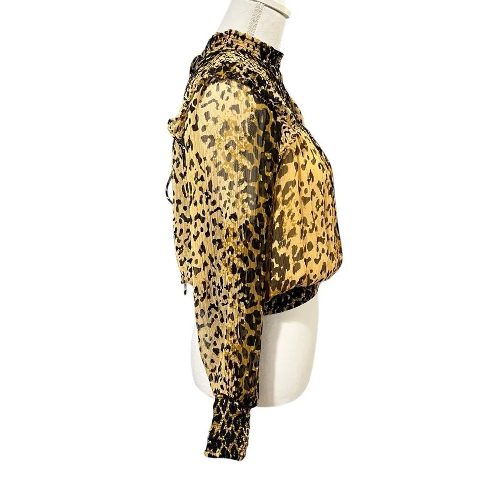 Free People Roma Leopard Print Blouse XS Smocked Ruffle Bohemian Romantic - Image 6